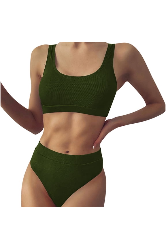 Fashion Two Piece High Waisted Women's Bikini Set Sporty Swimsuits Solid Color Bathing Suit with Bottom