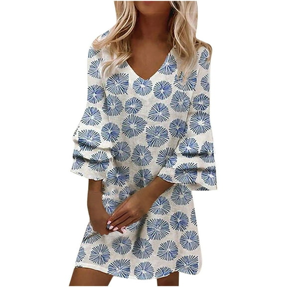 Lolmot Fashion Women Summer Casual V-Neck Floral Print 3/4 Sleeve Fold Mini Dress Formal Dress