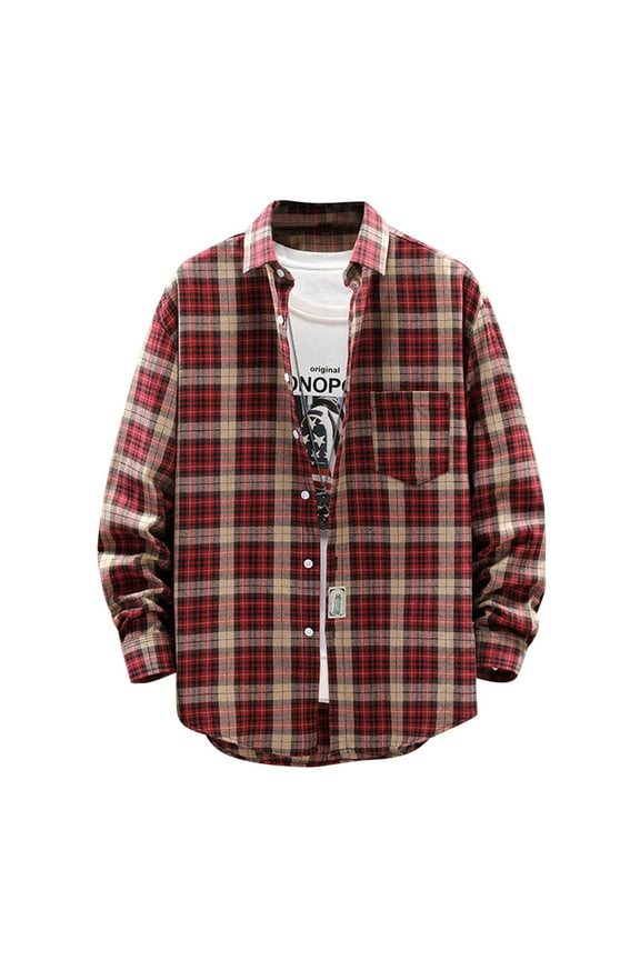 Lolmot Flannel Shirt for Men Plus Size Plaid Shirt Jacket Button Down Long Sleeve Flannel Shirts Lightweight Fall Casual Lapel Jacket Top on Clearance