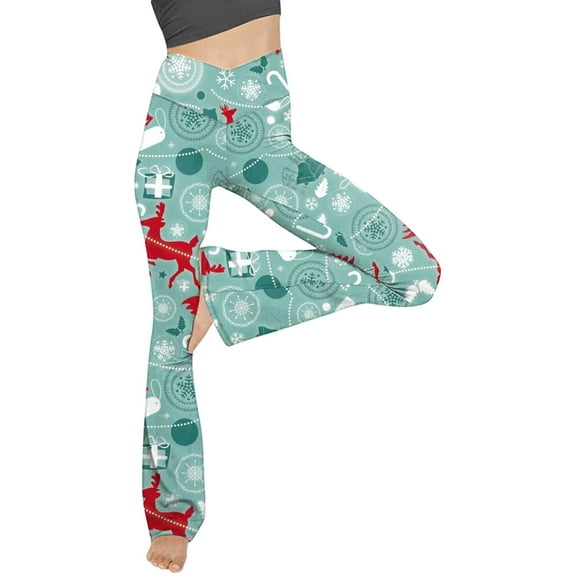 Lolmot Flare Leggings for Women V Crossover Tummy Control Workout Yoga Pants Christmas Print High-Waisted Wide Leg Flare Leggings