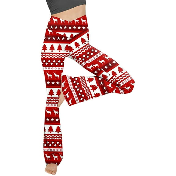 Lolmot Flare Leggings for Women V Crossover Tummy Control Workout Yoga Pants Christmas Print High-Waisted Wide Leg Flare Leggings