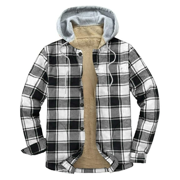 Lolmot Fleece Jacket Men Casual Plush Plaid Shacket Jacket Heavy Lined Button Down Flannel Jacket Hooded Winter Warm Coat with Pockets on Clearance