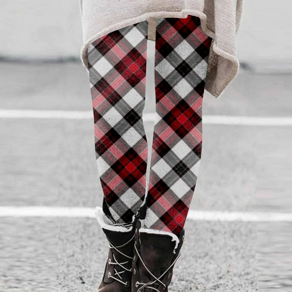 Lolmot Fleece Lined Leggings for Women Plus Size High Waist Thick Tights Stretchy Workout Yoga Pants Christmas Plaid Snowflake Print Winter Warm Plush Pants