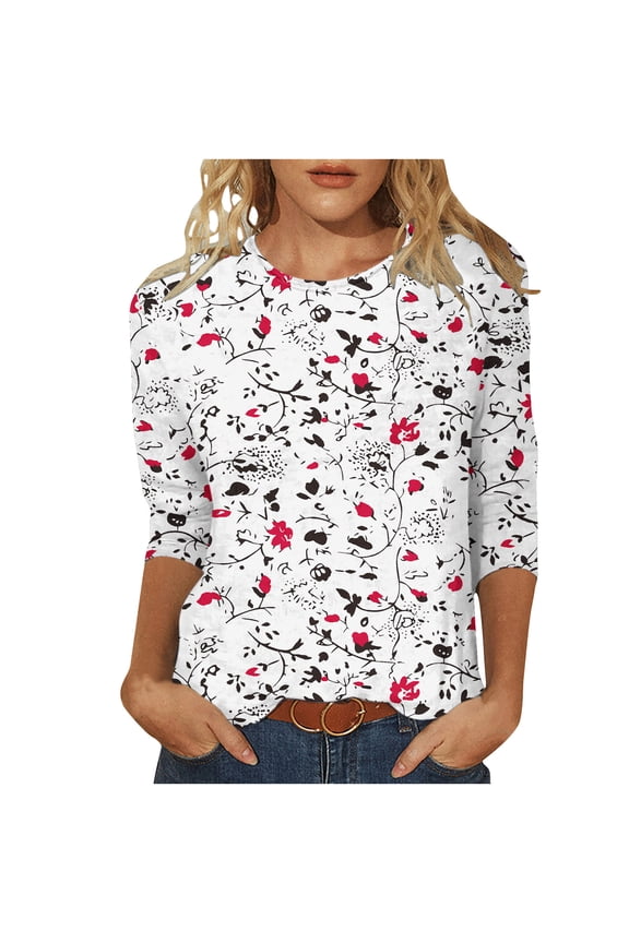 Floral Print T-Shirt Tops Mid-Length 3/4 Sleeve Blouses Tee Round Neck Tunic Top Loose Trendy Tunic Casual T-Shirts Spring Summer Cool Top Blouses