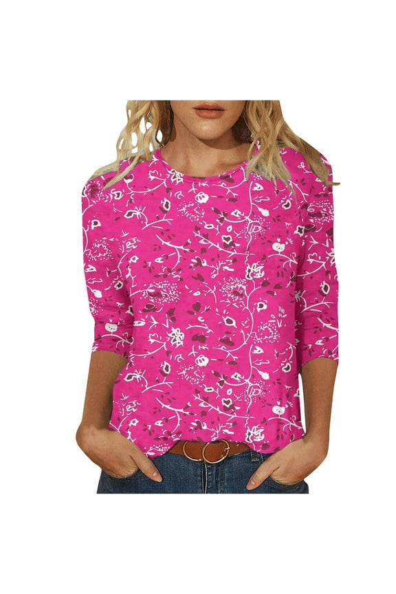 Floral Print T-Shirt Tops Mid-Length 3/4 Sleeve Blouses Tee Round Neck Tunic Top Loose Trendy Tunic Casual T-Shirts Spring Summer Cool Top Blouses
