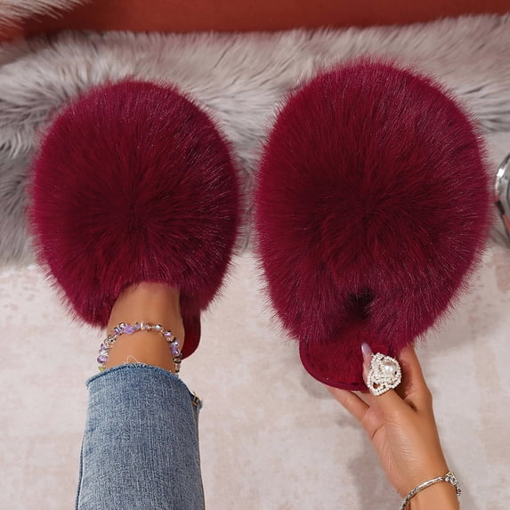 Lolmot Fluffy Womens Faux Fur Slippers, Casual Closed Toe Comfortable Slides Shoes, Slip On Warm Plush Slides Indoor Outdoor