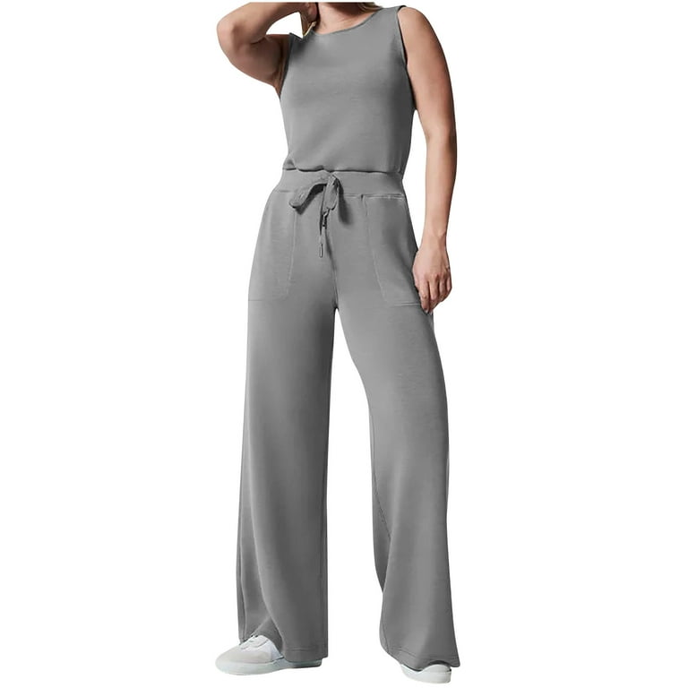 Lolmot Formal Jumpsuits for Women, Air Essentials Jumpsuit Women's Solid  Color Waisted Drawstring Rompers Casual Sleeveless O-Neck Pocket Overalls
