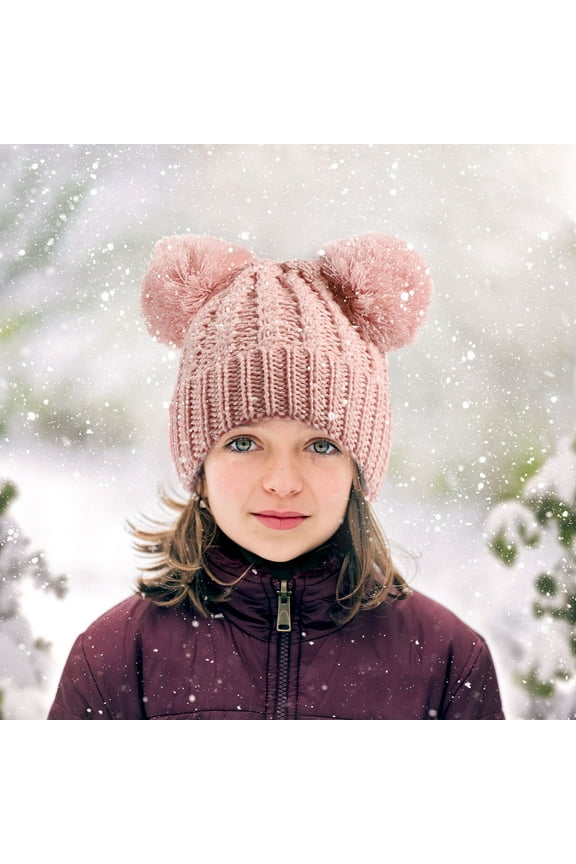 Lolmot Girls Boys Kids Winter Hat Warm Fleece Beanie with Double Pom Pom, Girls Accessories Knit Beanies Cap