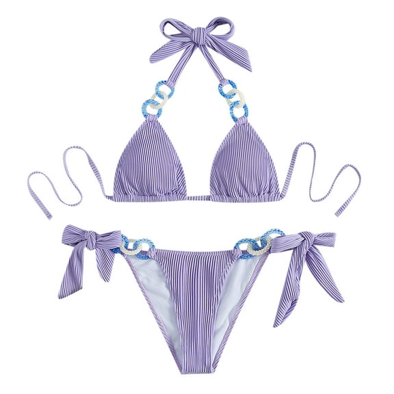 Lolmot Girls' Swimwear Fashion Solid Color Print Split Bikini Minimalistic Sexy Circle Decoration Laceing Sling Women's Swimsuit