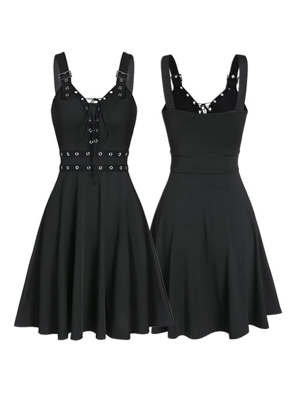 Up to 65 off!Lolmot Goth Dress Women Sexy Sleeveless Tie up V-Neck Dresses Vintage Adjustable Strap A-Line Midi Dress Retro Steampunk Cocktail Party Dress