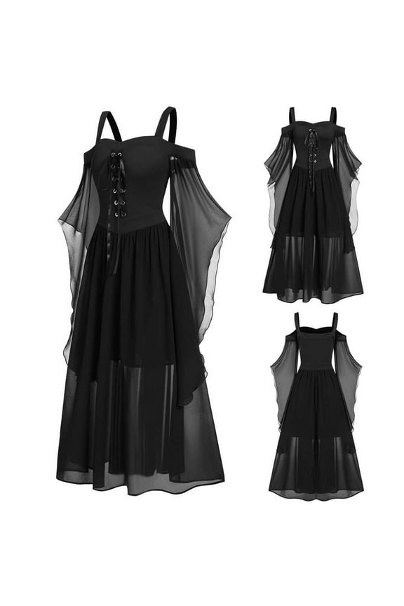 Lolmot Gothic Dresses for Women Cold Shoulder Butterfly Sleeve Lace Up Suspender Halloween Gothic Dresses Vintage Medieval Evening Dress