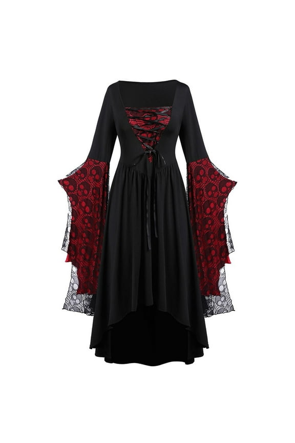 Gothic Dresses for Women Plus Size Lace Patchwork Long Sleeve Bandage Retro Dress Halloween Medieval Renaissance Dress