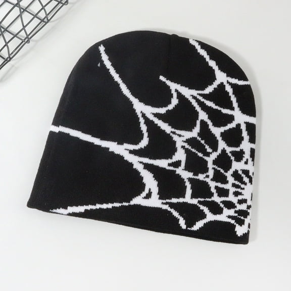 Lolmot Halloween Knit Beanie Hat for Men Women, Unisex Adult Warm Winter Beanies Y2K Gothic Spider Web Pattern Knitted Hats