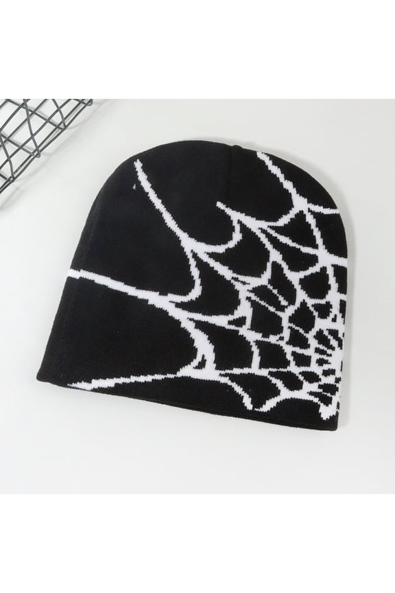 Lolmot Halloween Knit Beanie Hat for Men Women, Unisex Adult Warm Winter Beanies Y2K Gothic Spider Web Pattern Knitted Hats