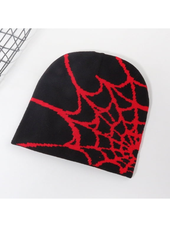 Lolmot Halloween Knit Beanie Hat for Men Women, Unisex Adult Warm Winter Beanies Y2K Gothic Spider Web Pattern Knitted Hats