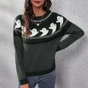 Lolmot Halloween Knitted Sweater for Women Ghost Pattern Long Sleeve Fair Isle Pullovers Fall Winter Pullover Sweater