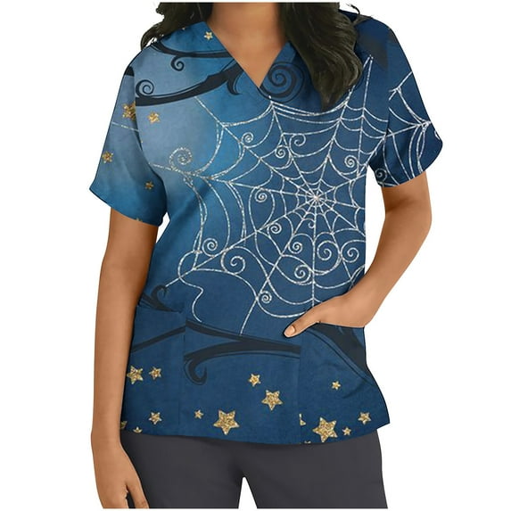 Up to 65 off!Lolmot Halloween Scrubs for Women V-Neck Short Sleeve T Shirts Workwear Spider Web Print Nurse Working Uniform Medical Scrub Tops with Pockets