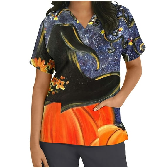 Lolmot Halloween Scrubs for Women V-Neck T Shirts Workwear Stretch Halloween Pumpkin Print Nurse Uniform Short Sleeve Medical Scrub Tops with Pockets
