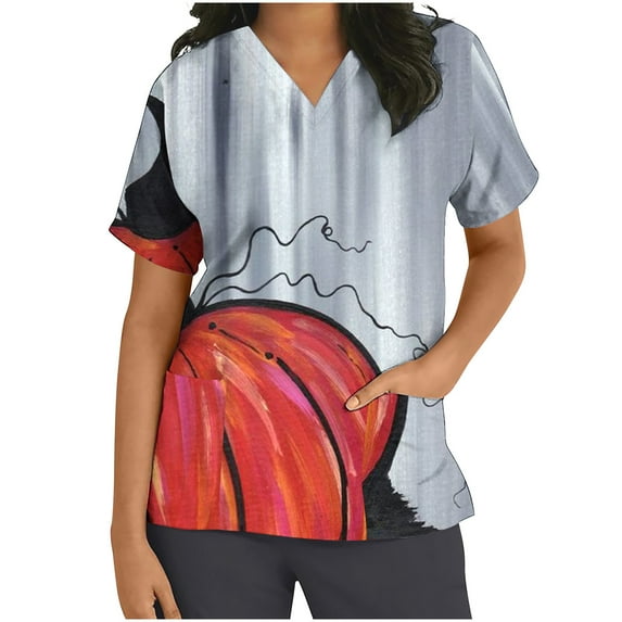 Up to 65 off!Lolmot Halloween Scrubs for Women V-Neck T Shirts Workwear Stretch Halloween Pumpkin Print Nurse Uniform Short Sleeve Medical Scrub Tops with Pockets
