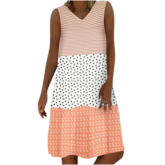Lolmot Hawaiian Dresses for Women Luau Party Dresses Casual Fashion Casual Loose Stripe Dot Patchwork V-Neck Sleeveless Dress