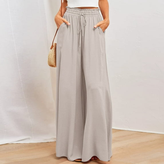 Lolmot High Waisted Pants for Women Summer Wide Leg Casual Elastic Waist Palazzo Pants Drawstring Lightweight Solid Color Yoga Pants with Pockets