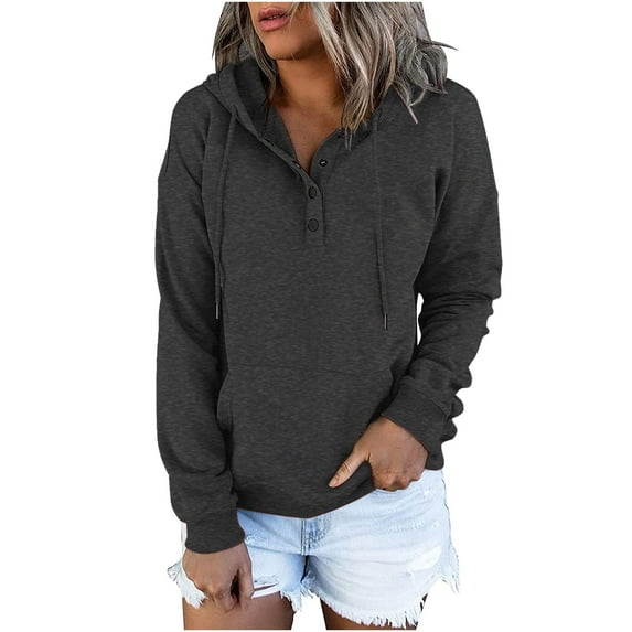 Lolmot Hoodies for Women Casual Button Collar Pullover Tops Solid Color Drawstring Long Sleeve Sweatshirts Fall Clothes with Pocket
