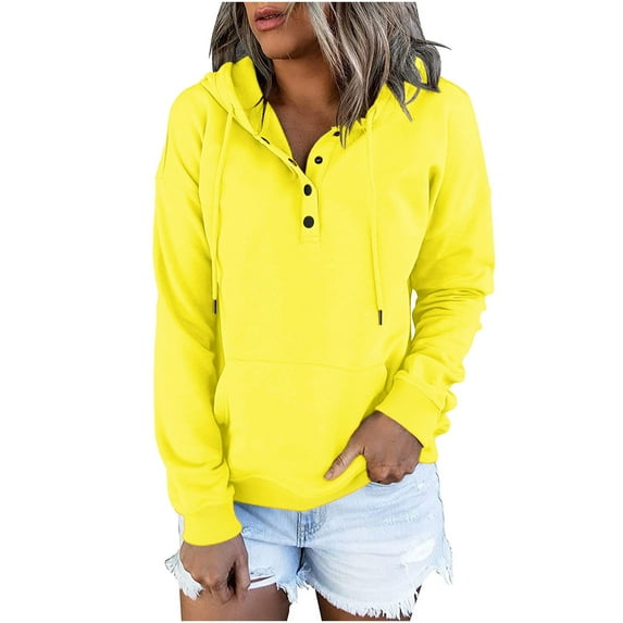 Lolmot Hoodies for Women Casual Button Collar Pullover Tops Solid Color Drawstring Long Sleeve Sweatshirts Fall Clothes with Pocket