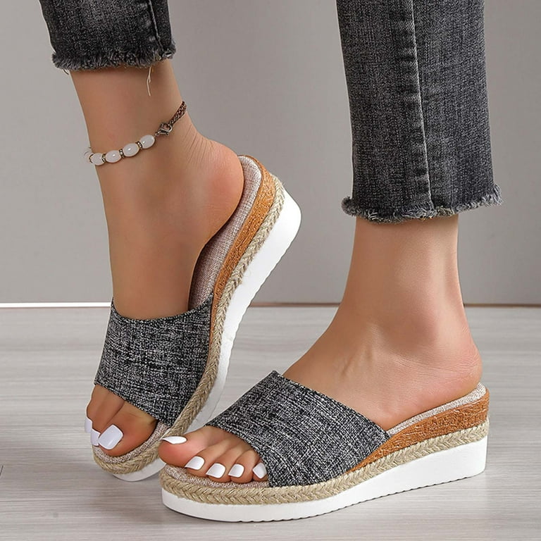 Lolmot House Slippers for Women Summer Fashion Casual Slippers Open Toe  Thick Bottom Flax Slippers Arch Support Soft Shoes for Ladies