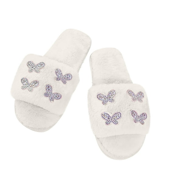 Up to 65 off!Lolmot House Slippers for Women Women's Warm Cute Plush Slippers Faux Fur Rhinestone Butterfly Open Toe Slip on Home Shoes Soft Soled Slide Slippers
