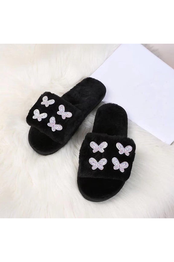 Up to 65 off!Lolmot House Slippers for Women Women's Warm Cute Plush Slippers Faux Fur Rhinestone Butterfly Open Toe Slip on Home Shoes Soft Soled Slide Slippers