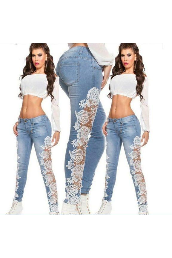 Lolmot Jeans for Women Side Lace Hollow Appliques Skinny Pencil Hole Ripped Jeans Destroyed Distressed Slim Fit Butt Lifting Denim Pants with Pockets