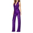 thumbnail image 1 of Lolmot Jumpsuits for Women Dressy Wedding Deep V-neck Long Leg Pant Bling Shiny Sequin Party Romper Summer Sexy Solid Color Hanging Neck Off Shoulder Backless Clubwear Jumpsuits, 1 of 5