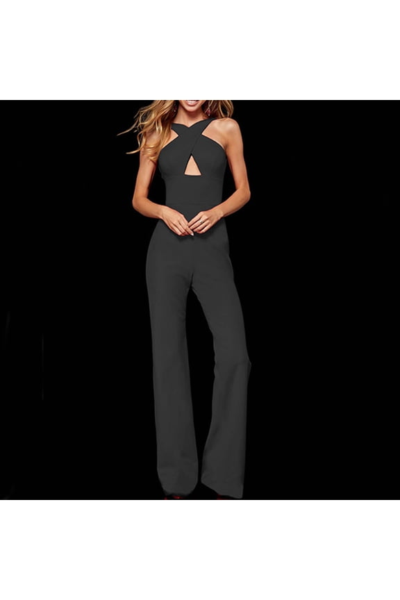 Lolmot Jumpsuits for Women Sexy Criss Cross Backless Romper Halter Sleeveless Wide Leg Jumpsuit Solid Color Elegant High Waist Romper