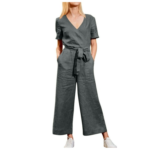 Lolmot Jumpsuits for Women Summer Dressy Solid Color Belt Overalls V Neck Short Sleeve Cotton Linen Casual Loose Wide Leg Rompers with Pockets