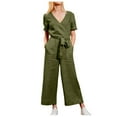 thumbnail image 1 of Lolmot Jumpsuits for Women Summer Dressy Solid Color Belt Overalls V Neck Short Sleeve Cotton Linen Casual Loose Wide Leg Rompers with Pockets, 1 of 5