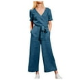 thumbnail image 1 of Lolmot Jumpsuits for Women Summer Dressy Solid Color Belt Overalls V Neck Short Sleeve Cotton Linen Casual Loose Wide Leg Rompers with Pockets, 1 of 5