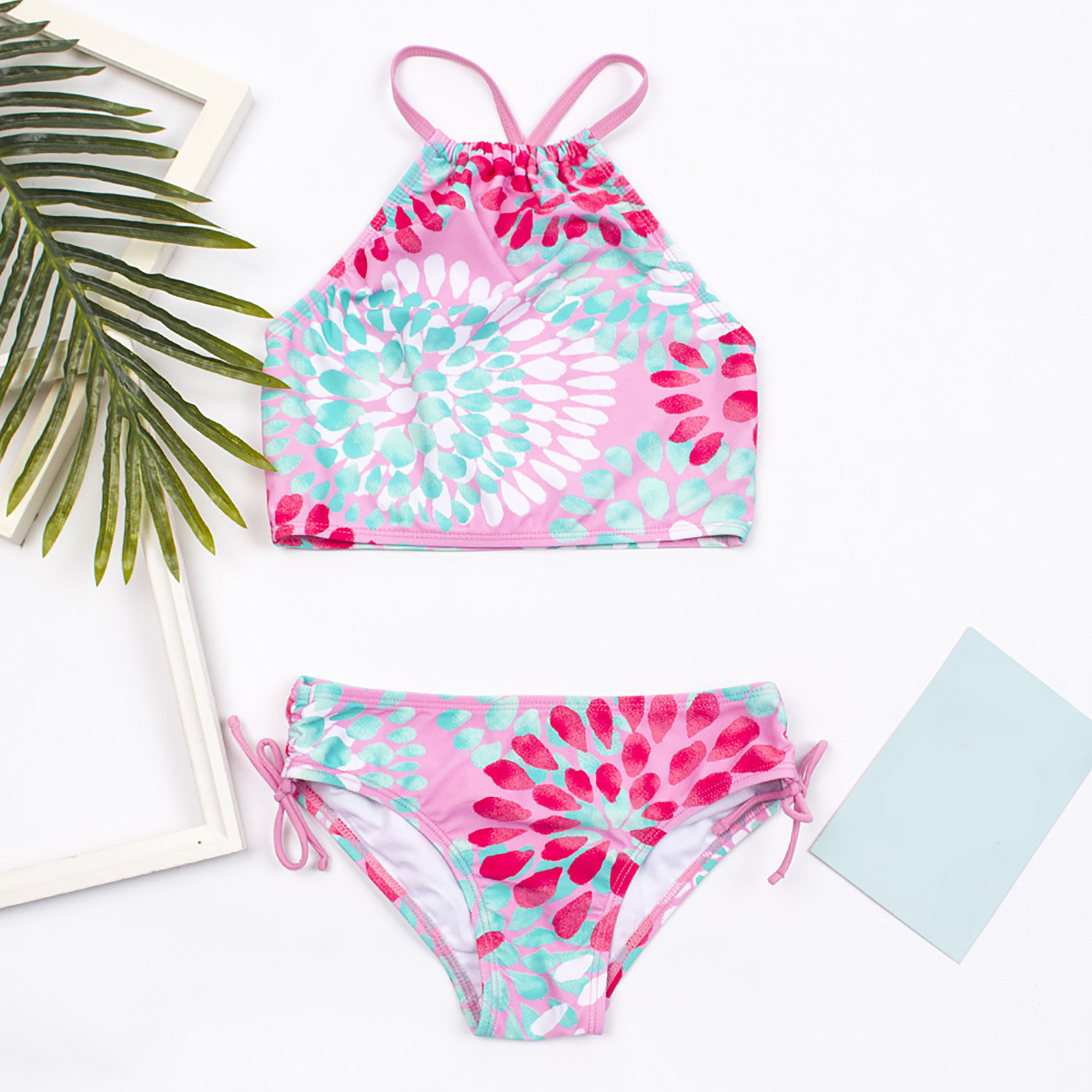 Lolmot Kids Baby Girls Two Pieces Swimsuit Floral Halter Top with Bikini Bottoms Set Toddler to Big Kids Girls Matching Beach Outfits Tankini Bathing Suit