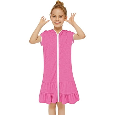 Lolmot Kids Girls' Swim Cover-Up – Kids Hooded Terry Beach Towel Robe – Zip Up Fuffle Beach/Pool Bathrobe for Girls 3-11T