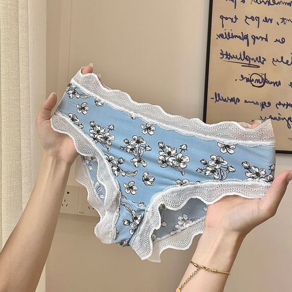 Lolmot Ladies Japanese Sexy Lace Trim Fruit Print Embroidered Panties Seamless Mesh Briefs Ice Silk Seamless Low Waist Large Size Cute Print Wavy Triangle Briefs