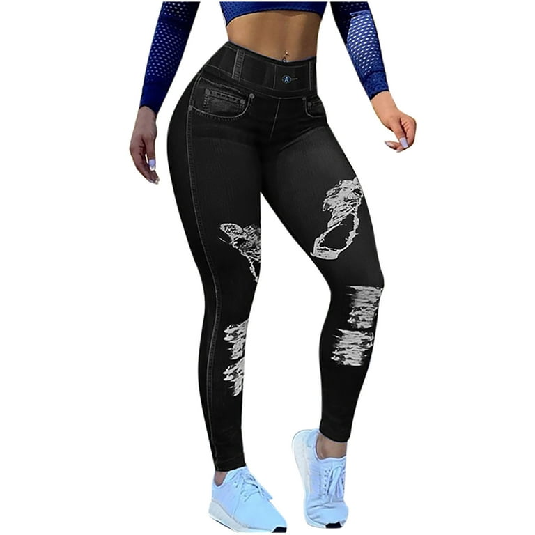 Lolmot Ladies Plus Size Printed Faux Jeans Hip Lifting Yoga Fitness  Leggings Outdoor Sports Pants Abdominal Workout High Waist Elastic Pencil  Pants