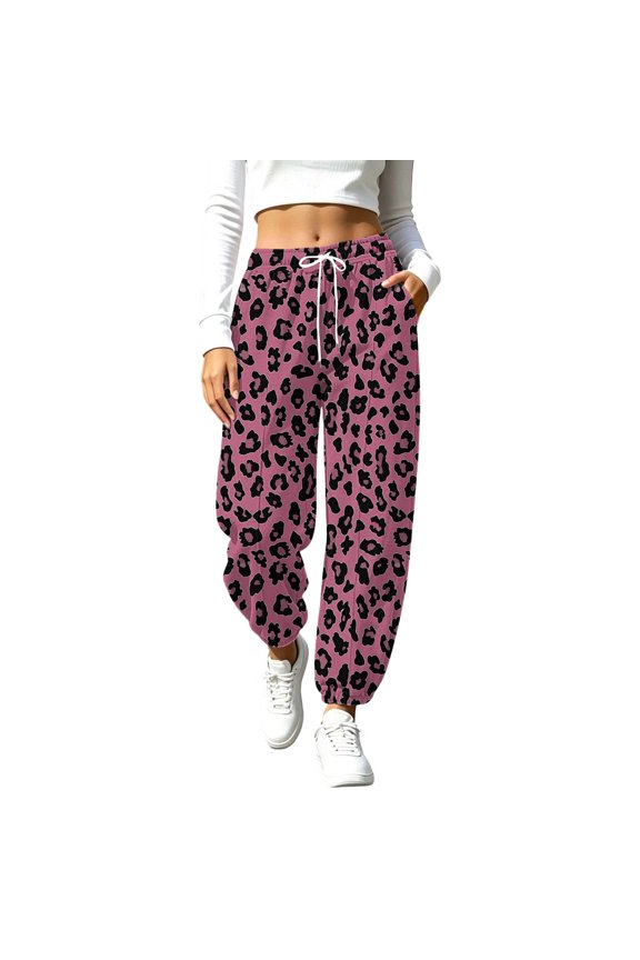 Leopard Joggers for Women Plus Size Trendy Elastic Waisted Sweatpants with Drawstring Soft Comfy Lounge Pants Loose Trousers