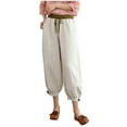 thumbnail image 1 of Lolmot Lightweight Beach Capri Pants Drawstring High Waisted Capri Crop Solid Loose Jogger Pants with Pockets Disc Buckle Color Blocking Thin Bundle Foot Pants Cotton Linen Harlem Casual Pants, 1 of 1