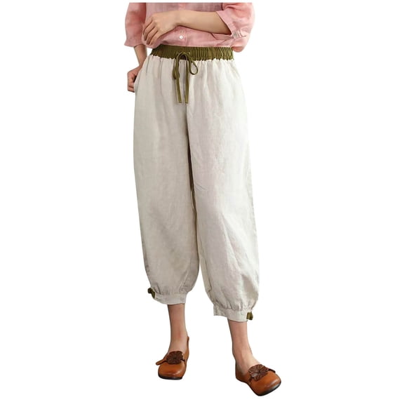 Lolmot Lightweight Beach Capri Pants Drawstring High Waisted Capri Crop Solid Loose Jogger Pants with Pockets Disc Buckle Color Blocking Thin Bundle Foot Pants Cotton Linen Harlem Casual Pants