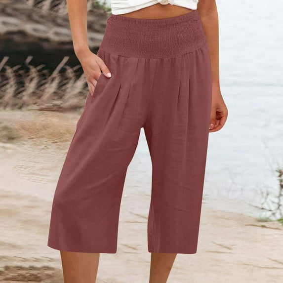 Lolmot Linen Pants Women Summer Capri Pants Smocked High Waisted Straight Wide Leg Palazzo Pants Casual Loose Cropped Pants with Pockets