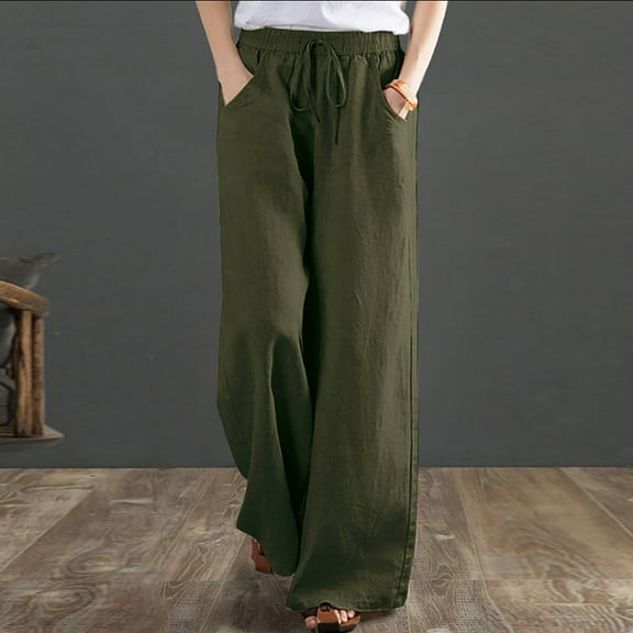Lolmot Linen Pants Women Wide Leg Pants Casual Elastic Waist Drawstring Lounge Palazzo Loose Lightweight Trousers with Pockets