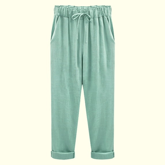 Lolmot Linen Pants for Women Loose Solid Color Lace-up Drawstring High Elastic Waist Trousers Casual Yoga Capri Pants with Pocket