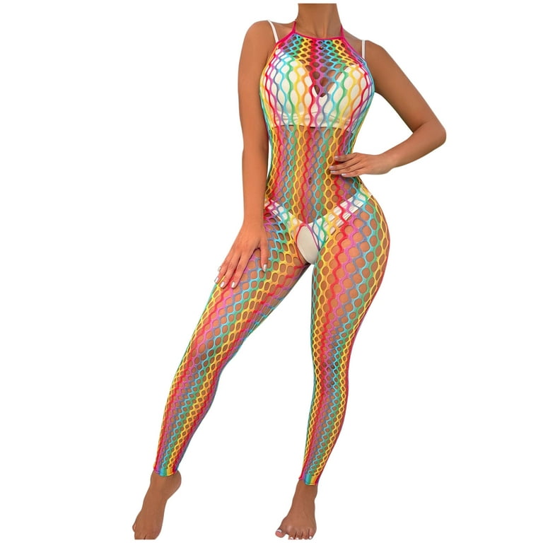 Lolmot Lingerie for Women Sexy Naughty Cool Girl Colored Sexy Lingerie High  Elasticity Hollow See-through Jumpsuit Netsuit 