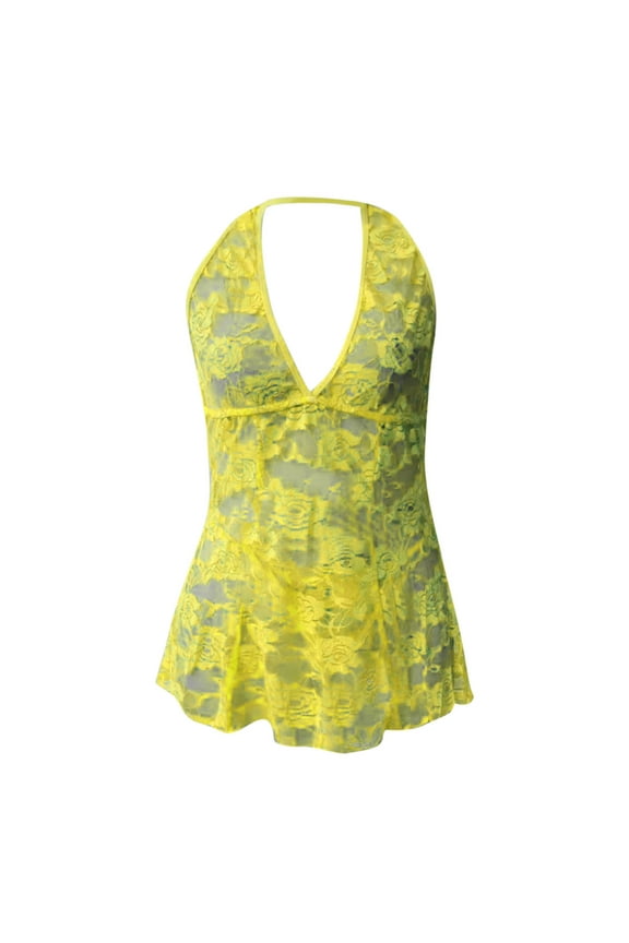 Lolmot Lingerie for Women Sexy Naughty Teddy Babydoll Sexy Deep V Nightdress Lace Mesh Halter See Through Temptation Sling Dress