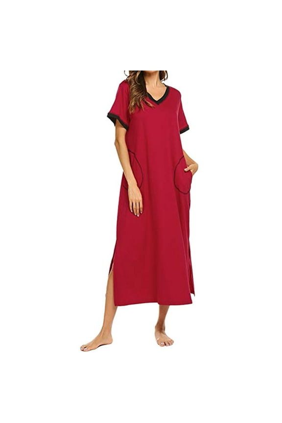 Lolmot Long Cotton Nightgown For Women Ultra-Soft Short Sleeve Nightshirt Outer Wearing Sleepwear With Pocket