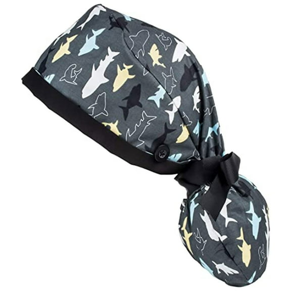 Lolmot Long Hair Working Cap with Buttons and Sweatband Adjustable Ribbon Tie Back Hat Print Bouffant Scrub Cap Turban Caps